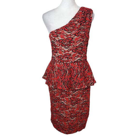 Madam X Red Lace One Shoulder Dress with Peplum NWT Size 6 Lace Cocktail Dress - Picture 1 of 11